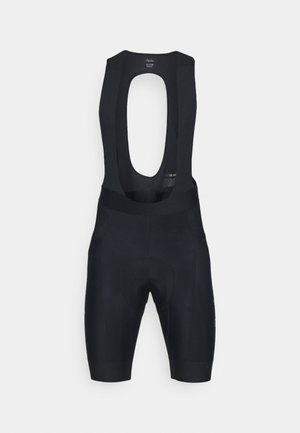 Schwarze Radhose mit Trägern und ausgeschnittenem Rücken, gepolstert und enge Passform. Hergestellt aus dehnbarem Material für Komfort und Flexibilität.