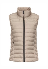 Beżowa bezrękawnik puchowa z wysokim kołnierzem, poziomym pikowaniem, zamkiem błyskawicznym z przodu oraz dwoma bocznymi kieszeniami na zamek.