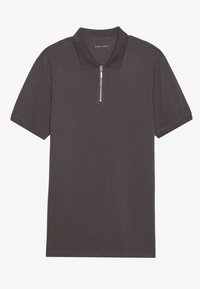 Kortermet polo-skjorte i mørkegrå, laget av et mykt stoff, med kvart glidelås og krage. Glatt tekstur med minimale detaljer.