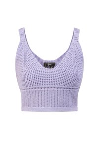 Lila gebreide crop top met een V-hals, brede bandjes en een textuurpatroon. Heeft een strakke band aan de onderkant voor ondersteuning.