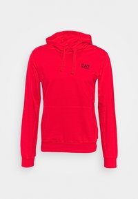 Rote Kapuzenjacke mit langen Ärmeln, verstellbarem Kordelzug an der Kapuze, einer Fronttasche und einem kleinen schwarzen EA7-Logo auf der Brust. Glatte Stofftextur.