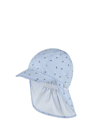 Hellblauer Kinder-Sonnenhut mit schwarzen Anker-Mustern, breiter Rückklappe und kurzem, gebogenem Schirm zum Schutz von Nacken und Gesicht.