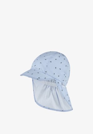 Light blue children's sun hat with black anchor patterns, wide back flap, and short curved brim for neck and face protection.