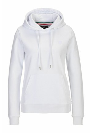Weißer Kapuzenpullover mit Kängurutasche, verstellbaren Kordeln und einem dezenten Logo auf der Brust. Weicher Baumwollmischstoff.