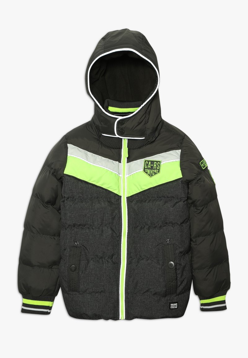 Czarna i szara kurtka puchowa z zielonym i srebrnym wzorem w zygzaki, kapturem, zapięciem na zamek, ściągaczami przy mankietach oraz dwoma przednimi kieszeniami.