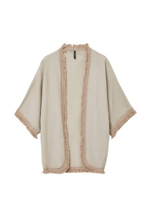 Beige open-front kimono cardigan with wide sleeves and fringed trim along edges and cuffs.