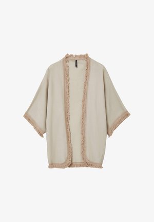 Cardigan kimono beige aperto con maniche larghe e orli frangiati lungo i bordi e i polsini.