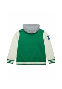 Felpa con cappuccio verde e crema con interno grigio. Presenta polsini e vita a righe, e un logo blu sulla manica sinistra.