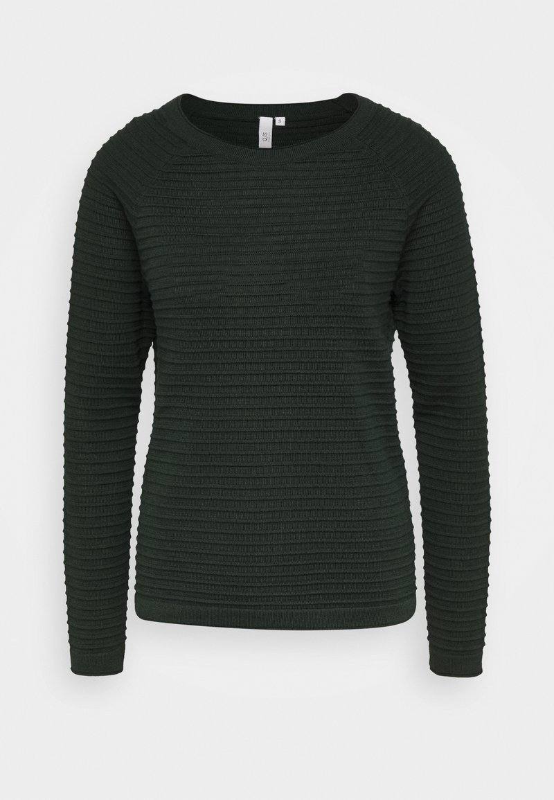 Pull à manches longues en maille côtelée vert foncé avec col rond, étiquette taille small visible à l'intérieur du col.