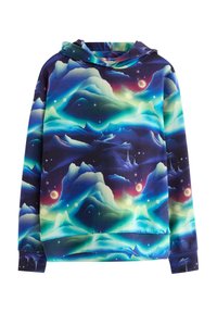 Felpa con cappuccio realizzata in tessuto caratterizzata da un motivo ispirato alla galassia con tonalità di blu, verde e viola, che rappresenta montagne ed elementi celesti.