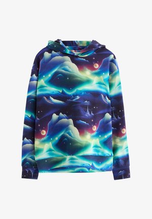 Huppari, joka on valmistettu kankaasta ja jossa on galaksin inspiroima kuosi, jossa on sinisiä, vihreitä ja purppuran sävyjä, esittäen vuoria ja taivaankappaleita.