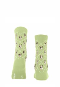 Jasnozielone skarpetki bawełniane z wzorem w diamenty, ozdobione małymi psiakami w odcieniach brązu i kremu. Miękka tekstura i standardowy kształt skarpet.