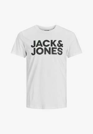 Weißes Baumwoll-T-Shirt mit kurzen Ärmeln. Mit großer schwarzer Schrift "JACK & JONES", die prominent auf der Vorderseite steht. Klassisches Rundhalsausschnitt-Design.