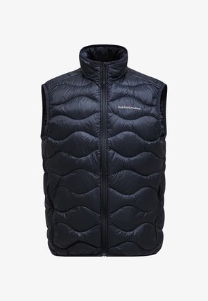 Black insulated vest with a high collar, zip closure, and wavy quilted pattern. Features side pockets and a logo on the chest.