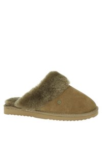 Bruine suède pantoffel met een zachte, met bont gevoerde bovenkant, ronde neus en een gestructureerde rubberen zool. Voorzien van een klein, gemerkt metalen accent.