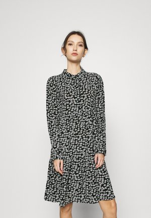 Vestido preto de mangas compridas com estampa floral em branco e azul-claro, com gola e design de saia em camadas. Tecido macio e leve.