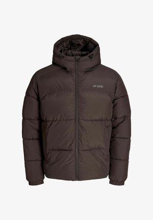 Brown puffer jacket with a hood, featuring quilted design, front zipper closure, elastic cuffs, and logo on the left chest area.