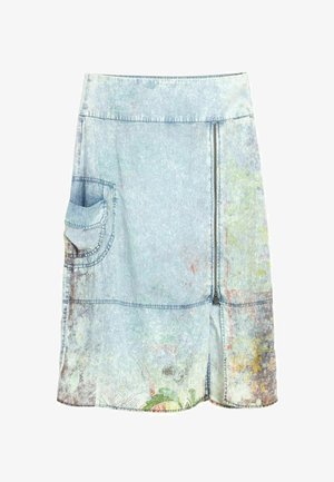 Jupe en denim bleu clair longueur genou avec poche latérale, fermeture éclair devant et motifs floraux subtils près de l'ourlet.