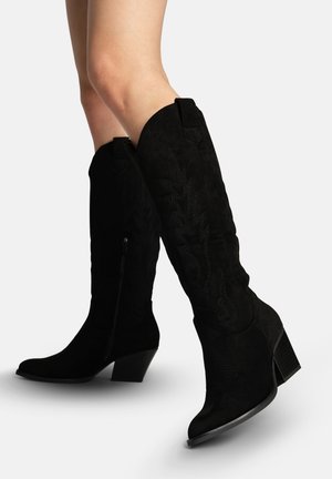 Gambe con stivali di camoscio nero a metà polpaccio con ricami, punte appuntite, cerniere laterali e tacchi a blocco su uno sfondo bianco semplice.