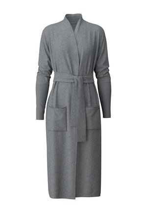 Grijze gebreide badjas met een wikkelontwerp, lange mouwen met geribbelde accenten, twee voorkeursockets en een gestrikt ceintuur in de taille.
