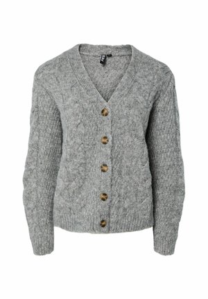 Grijze gebreide cardigan met een V-hals, kabelbreisel en houten knopen aan de voorkant. Gelaagd stof met lange mouwen.