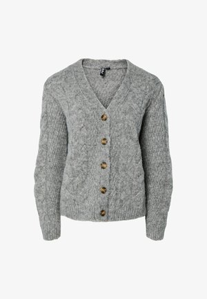 Grå strikket cardigan med V-hals, kabelstrikdesign og knapper af træ langs fronten. Tekstureret stof med lange ærmer.