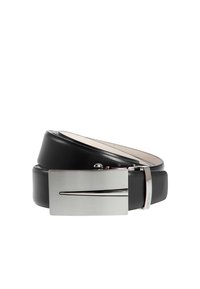 Black leather belt with a wide, smooth texture and a rectangular metallic buckle featuring a linear accent. Buckle has a polished finish.