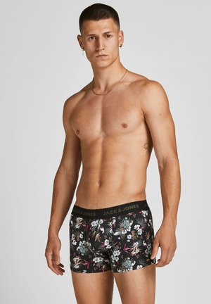 Boxers noirs avec un motif floral dans des tons de rose, bleu et vert. La ceinture élastique arbore le logo "JACK & JONES".