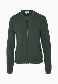 Veste bomber verte en tissu léger, avec fermeture à glissière à l'avant, col côtelé et poignets ajustés. Texture lisse sans motifs.