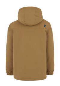 Braune wasserfeste Jacke mit Kapuze, elastischen Bündchen und einem Logodetail. Glatte Textur und einfaches Design, geeignet für Outdoor-Aktivitäten.