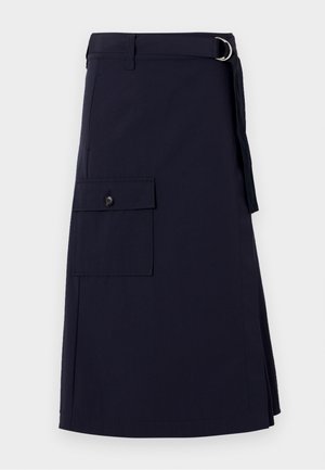 Navy blue skirt with a structured design, featuring a side cargo pocket and a metal D-ring belt accent. Made from durable fabric.