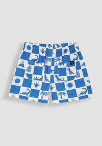 Pantaloni corti a scacchi blu e bianchi con motivi di dinosauri e tropicali, cintura elastica e un'etichetta sulla tasca posteriore.
