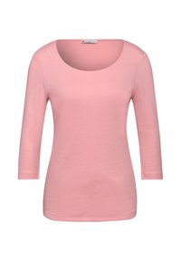 Helles rosa Langarmhemd mit Rundhalsausschnitt, aus glattem Baumwollstoff. Einfaches Design, körpernahe Passform, keine sichtbaren Muster oder Akzente.