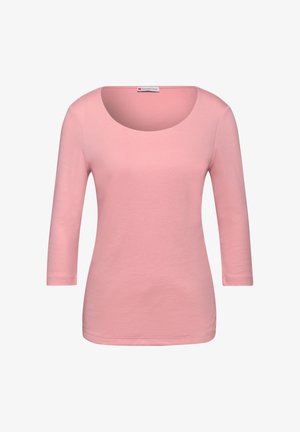 Lys rosa langærmet skjorte med rund halsudskæring, lavet af glat bomuldsstof. Enkel design, tætsiddende form, ingen synlige mønstre eller accenter.