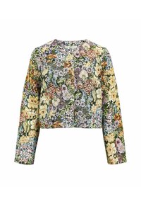 Haut court à manches longues avec un motif floral multicolore sur un tissu texturé. Col rond et coupe décontractée.