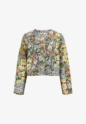 Långärmad cropped topp med ett blommönster i flera färger på ett texturerat tyg. Rund hals och avslappnad passform.