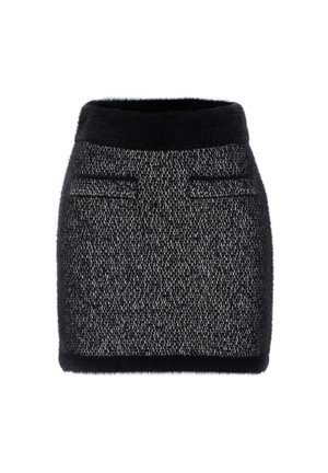 Gonna in tweed nero e grigio con una vita nera e morbida. Presenta due tasche frontali e un taglio dritto.
