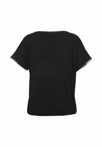 Zwart kortemouwen top met een losse pasvorm, elastische onderrand en sheer kantdetails aan de mouwranden. Zachte stofstructuur.