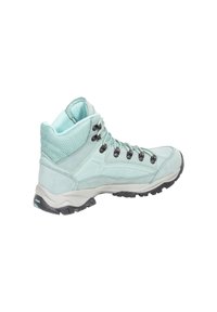 Helles blaues Wanderschuhmodell aus einer Kombination von Wildleder und Mesh-Materialien, gepolstertem Schaft, schwarzen Schnürsenkeln und strukturiertem Gummisohle.