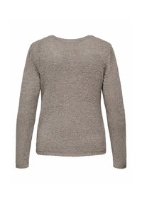 Světle hnědý dlouhý pletený svetr s dlouhým rukávem, zobrazený ze zad, s kulatým výstřihem a mírně texturovaným vzorem stehů.