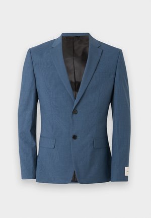 Sinine meeste bleiser kahe musta nupuga, sälgatute kraeäärte, klapitud taskute ja musta voodriga, valgel taustal eksponeeritud.