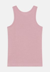 Pink tank top made of lightweight fabric, featuring a rounded neckline, sleeveless design, and flat seams. Simple and smooth texture.