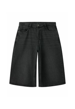 Shorts en denim noir à jambes larges avec passants de ceinture, fermeture à boutons sur le devant et cinq poches, présentés à plat sur un fond blanc.