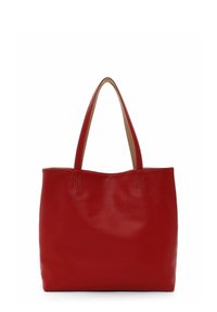 Sac fourre-tout en cuir rouge avec une texture lisse, deux poignées robustes et un design minimaliste. Présente des coutures discrètes le long des bords.
