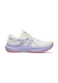 White running shoe with purple Asics logo, speckled lavender midsole, and red outsole, labeled GT-2000 14 and FFBlastMAX.