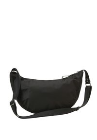 Schwarze Nylon-Schultertasche mit runder Form, verstellbarem Tragegurt und Reißverschluss. Glatte Textur mit minimalen Hardware-Akzenten.