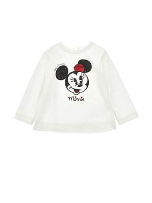 Valkoinen pitkähihainen paita, jossa on mustavalkoinen Minnie Mouse -grafiikka punaisella solmukkeella. Pehmeä rakenne ja pyöreä pääntie.