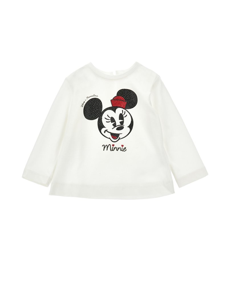 Biely dlhý rukáv košele s čiernobielou grafikou Mickey Mouse a červenou mašľou. Mäkká textúra s okrúhlym výstrihom.