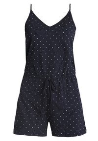 Rompers bleu marine à pois avec des bretelles spaghetti, un décolleté en V et une taille élastique réglable. Tissu doux et léger.