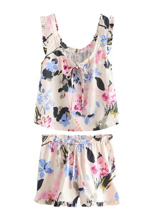 Top sans manches à imprimé floral avec bretelles volantées et short assorti à taille élastique avec cordon et ourlets volantés, en rose pastel, bleu et noir.